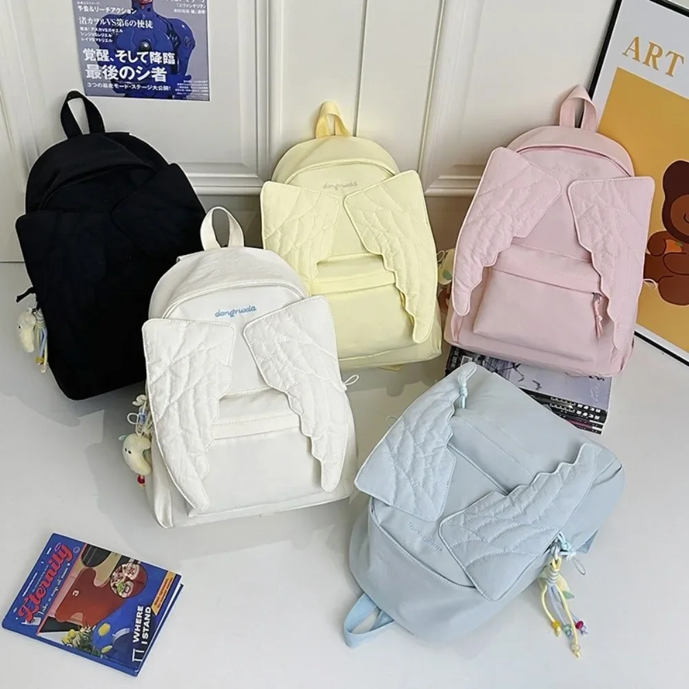 Versatile Angel Wing Backpack Y2k Style Large Capacity Canvas Backpack Lightweight Embroidered Pattern Nylon Backpack