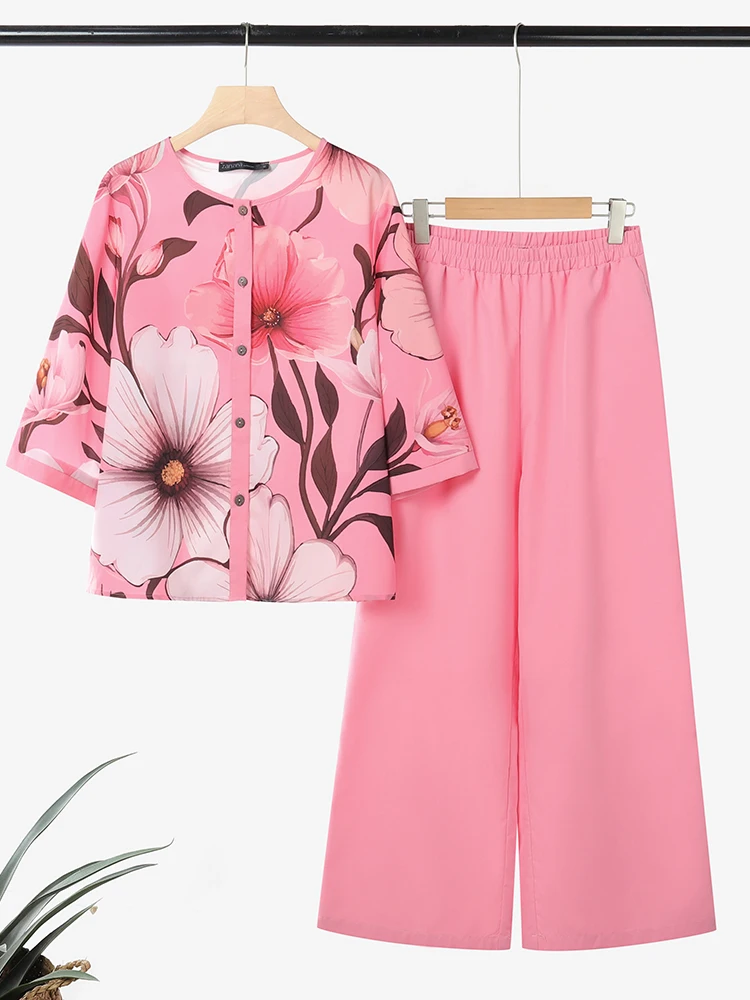 

2025 ZANZEA Осенние комплекты из 2 предметов для женщин, комплект из 2 предметов, повседневная рубашка с круглым вырезом и рукавами 3/4, широкие брючные костюмы, рабочий спортивный костюм с принтом