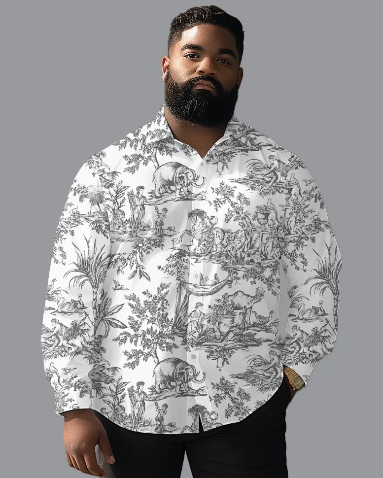 Men's Plus Size Long Sleeve Button-Up Shirt, Wildlife Prints with Animals and Scenic Designs on Light Backgrounds for Travel