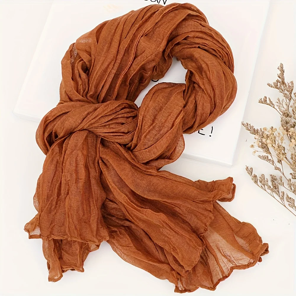 Casual Cotton-Linen Solid Crinkle Pleated Scarf Lightweight Thin Neck Wrap Shawl Versatile Neck Scarves For Women Accessory