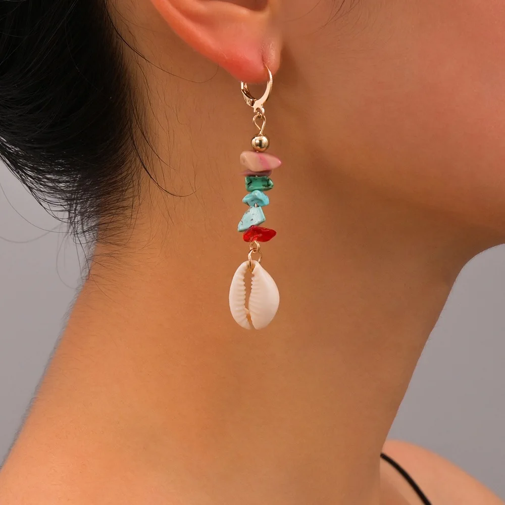 Bohemian vacation style irregular random colored gravel shell pendant alloy women's earrings