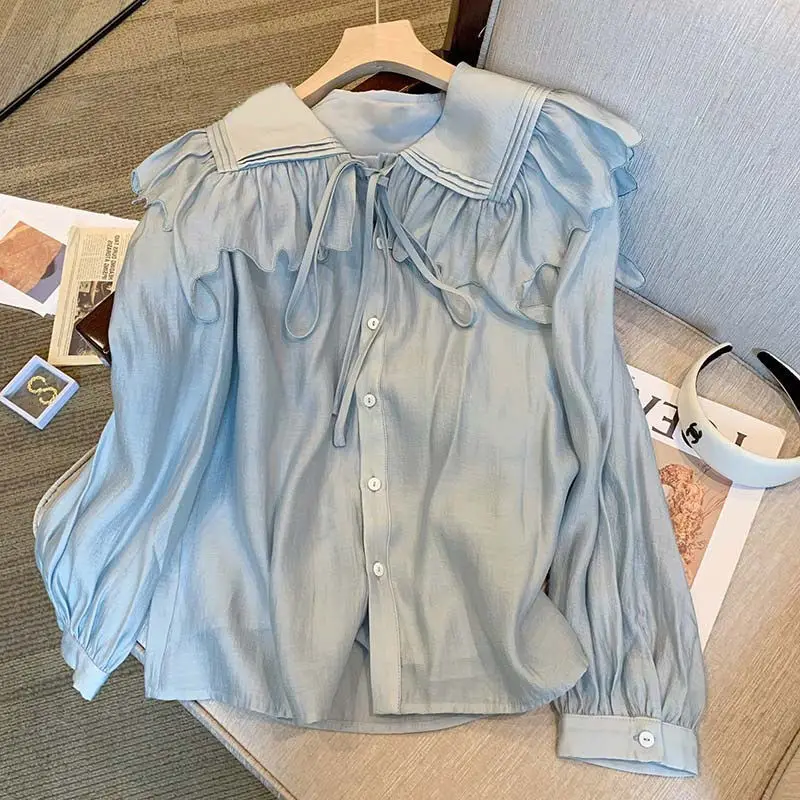 C5504 New Women Shirt Elegant Long Sleeve Ruffles Collar Shirts Flounces Sweet Spring Autumn Chic Top Blouse