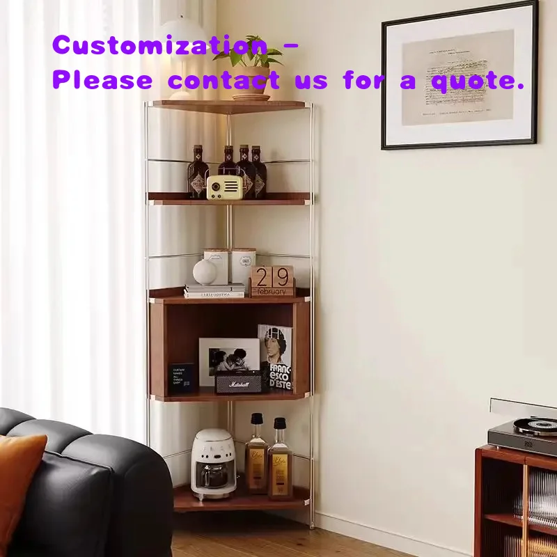custom.Vintage Solid Wood Corner Shelves Stainless Steel Display Cabinets Multi-Functional Bookshelves CD Racks Living Room