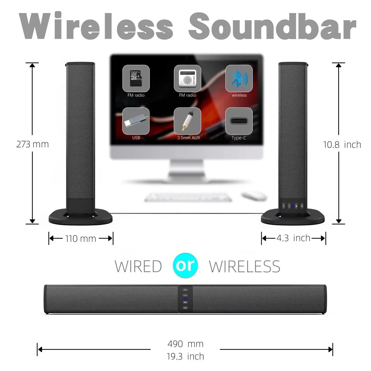 Wireless Bluetooth TV Sound Bar 2 Speaker System Home Theater Subwoofer Soundbar Portable Loud Rechargeable 2 IN1 Speaker
