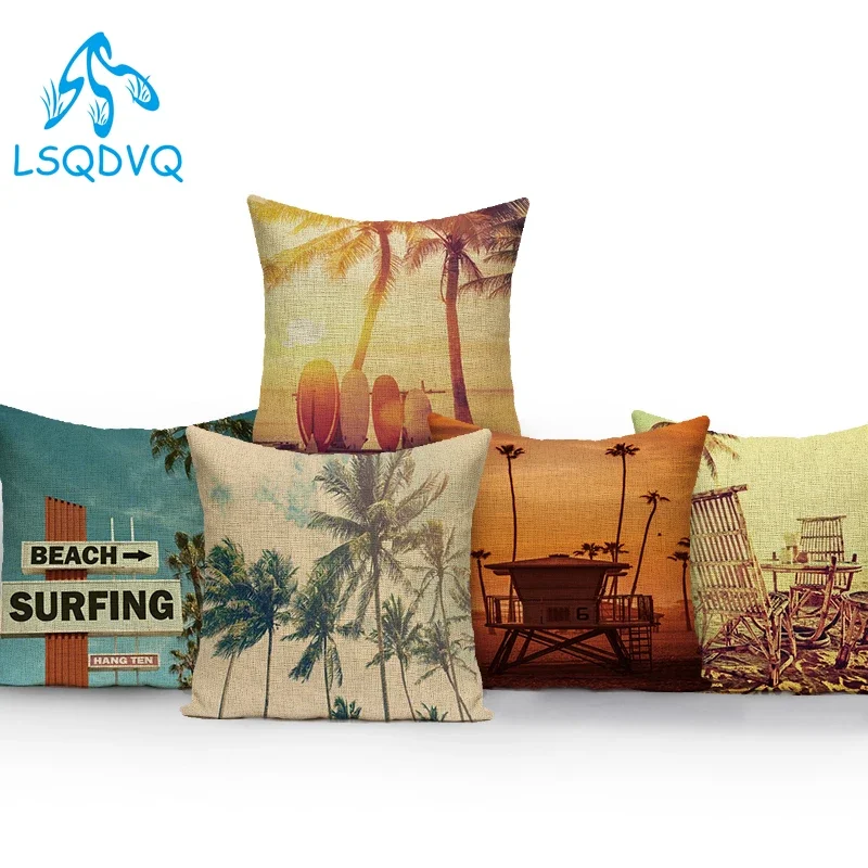 Decorative Throw Pillows Beach Seaside Coconut Tree Surfboard Pillow Cover Decoratives Sofa Home Cushion Cover for Living Room
