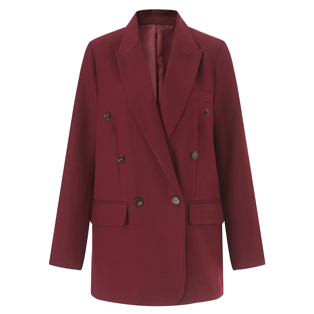 customized temperament style wine red suit jacket, double breasted jacket women's medium to long suit