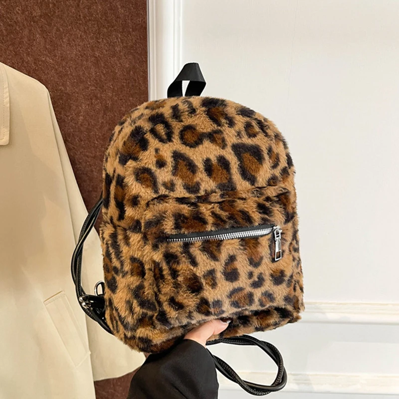 

Leopard Printing Plush Women Backpack Fashion Shoulder Bag For Ladies Designer Faux Fur Handbag Anti Theft Backbag Crossbody Bag