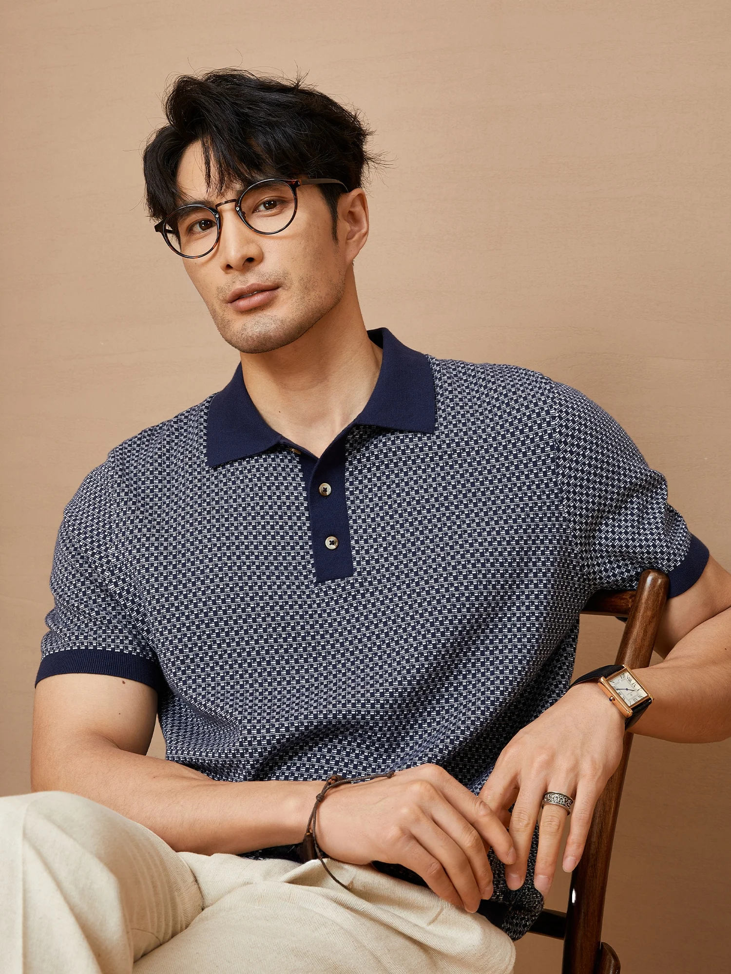 

Italian Vintage Pure Cotton Knitted Shirt Men's Summer Commute Casual Thin Color Block Embroidery Top Breathable Fashion...