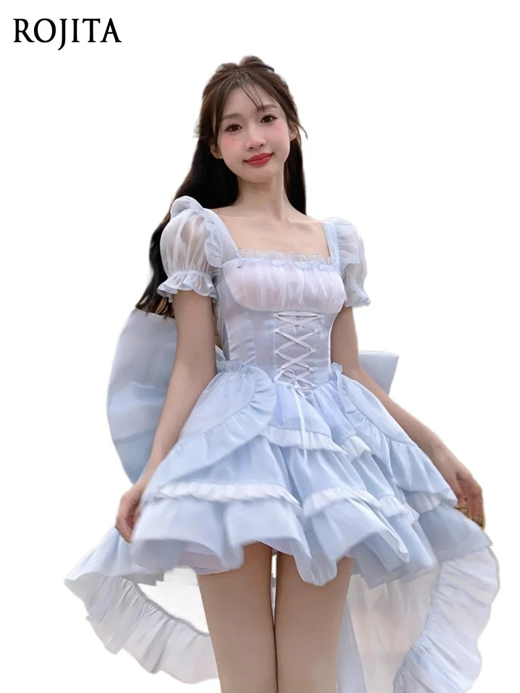 

JK Original Lolita Dress Daily Bubble Sleeve Strap Bow Blue Lolita Dress 2026 Summer New Square Neck Princess Dress