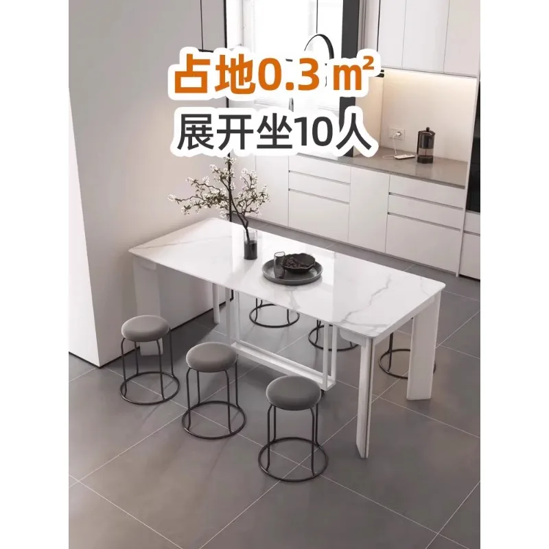 retractable folding dining table, household small apartment, rock slab, light luxury, simple solid wood,