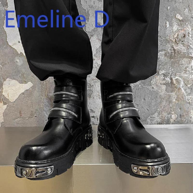 Dark Punk High Top Shoes Fashionable Men's Zipper Belt Design Thick Sole Height Increasing Sleeve Trendy Casual Short Boots