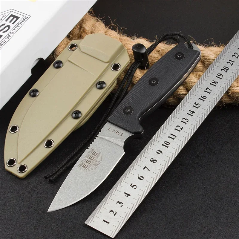 ESEE-3 Tactical Fixed Knife 9Cr18Mov Stone Washed Blade G10 Handle Outdoor Defense Knife Carrying Pocket Knife Scabbard