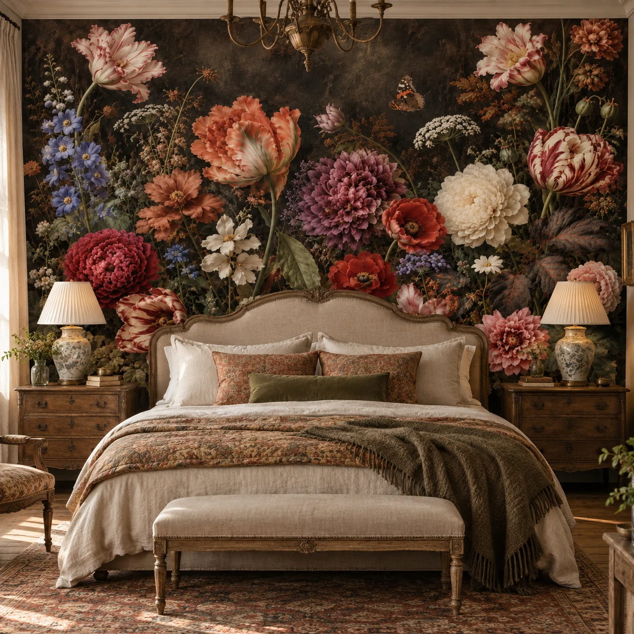 Vintage Dark Floral Wallpaper Mural Moody Botanical Flowers Living Room Bedroom Wall Decor Non Self Adhesive Requires Glue