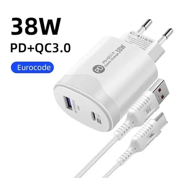Tatal 38W duvar şarj hızlı şarj PD20W Power3.0 hızlı şarj adaptörü ile Xiaomi iPhone Samsung için USB tip C kablo