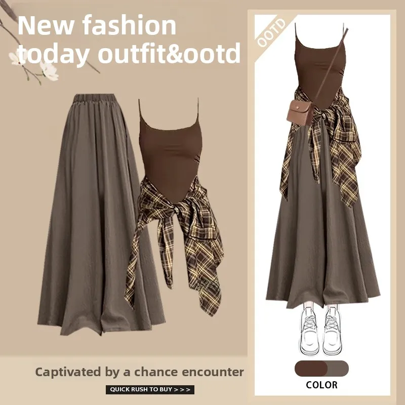 

Spring Collection Women's Fashionable Korean Plaid Shirt Slimming Casual Skirt Pants Three-Piece Set Stylish Ensemble