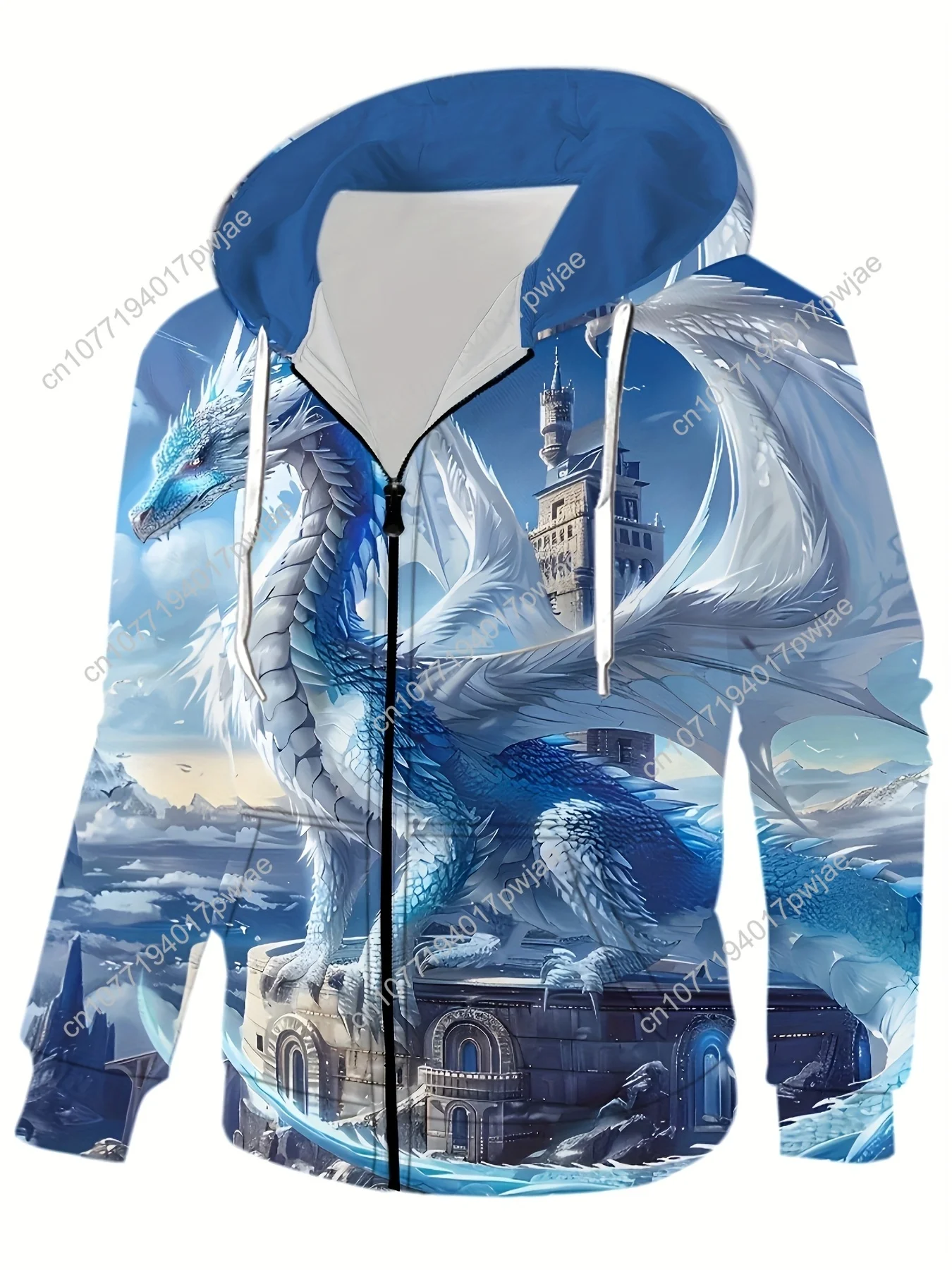 Felpa con cappuccio da uomo con stampa drago fantasy 1 pezzo, giacca casual in poliestere con leggermente elasticizzato, tessuto lavorato a maglia con motivo animale, colletto con cappuccio, Z