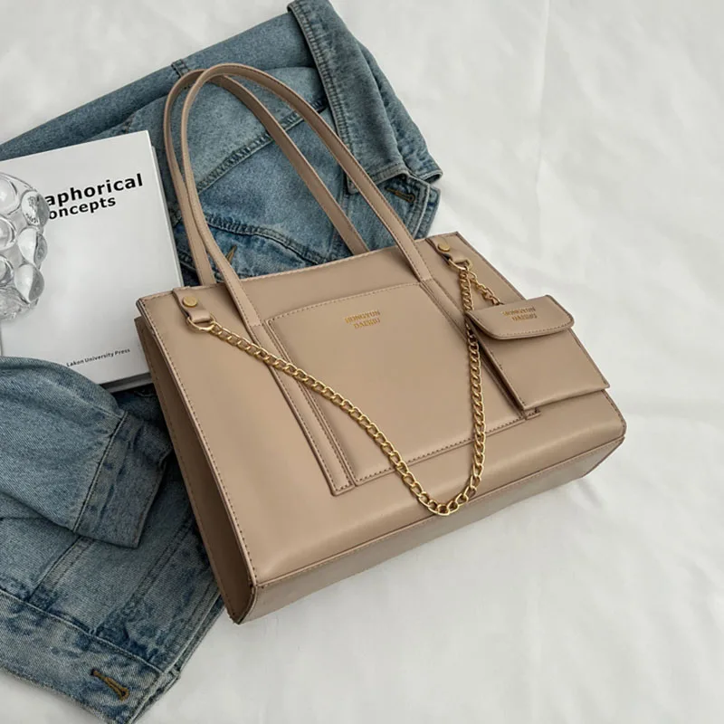 Chain Large Capacity One Shoulder Bag With Small Wallet Femal PU Leather Casual Handbag Korean Style Simple Fashion Underarm Bag