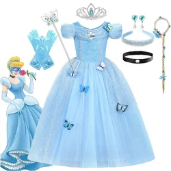 Cinderella Cosplay Costume Kids Clothes for Girl Butterfly Princess Dress with Crown Gloves Child Birthday Party Ball Gown 3-10Y