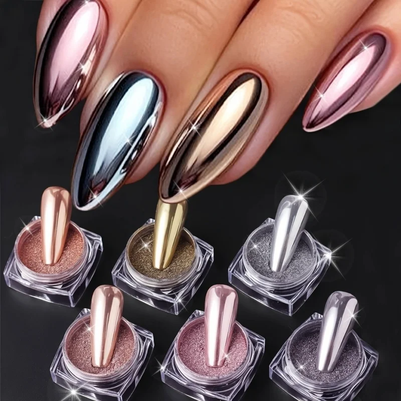 Mirror Magic Nail Powder Set, Spiegelfarben-Tauchpulver, Chrom-Spiegel-Finish, Vintage-Design-Nageldekorationen aus Metall