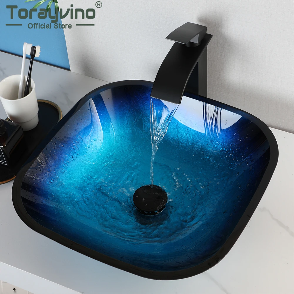 

Torayvino Blue Square Tempered Glass Bathroom Vessel Sink Basin Washing Bowl Set Cabinet Countertop Mixer Faucet W/ Pop-up Drain