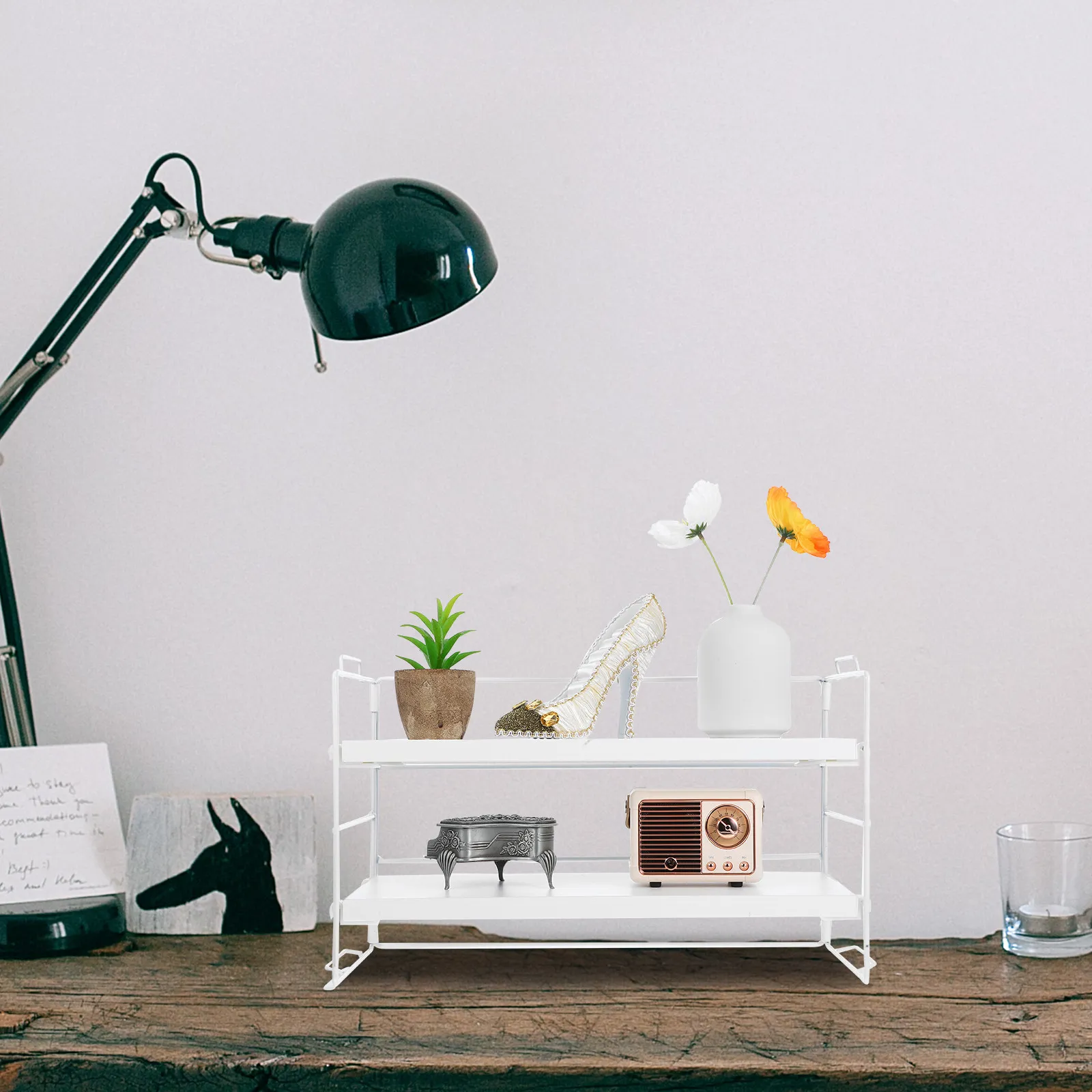 

Dual-Layer Small Bookshelf Wood Metal Frame Desktop Storage Rack Office Desk Organizer Makeup Display Holder Multifunctional