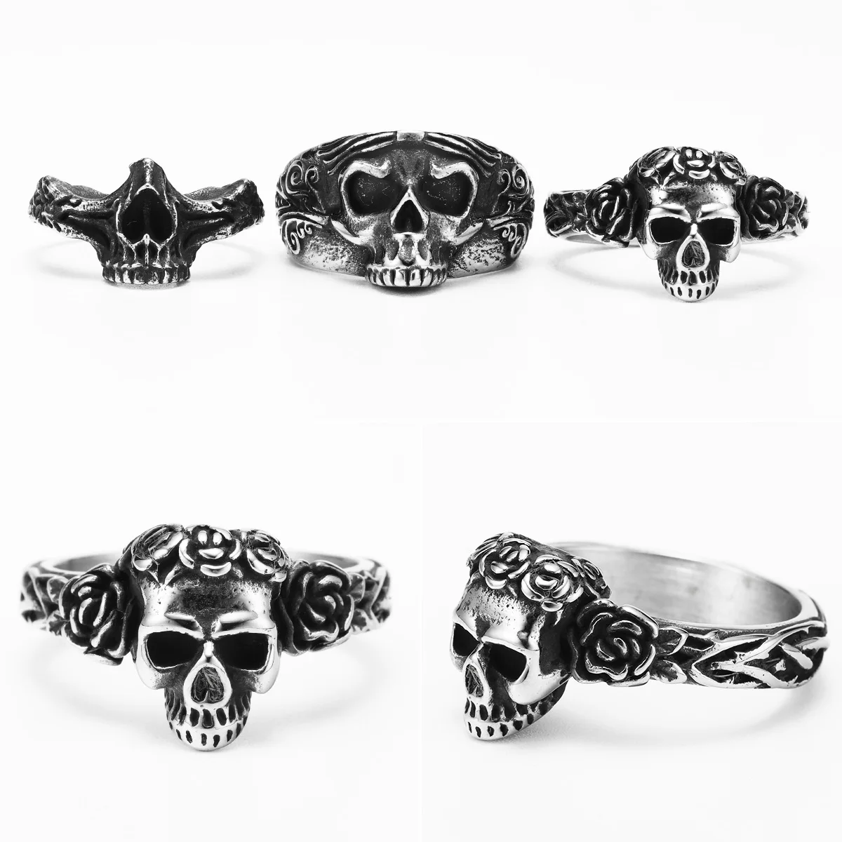 Aesthetic Rose Skull Men Rings Stainless Steel Women Jewelry Punk Rock Vintage Black Gothic Fashion Accessories Gift Wholesale - view 6