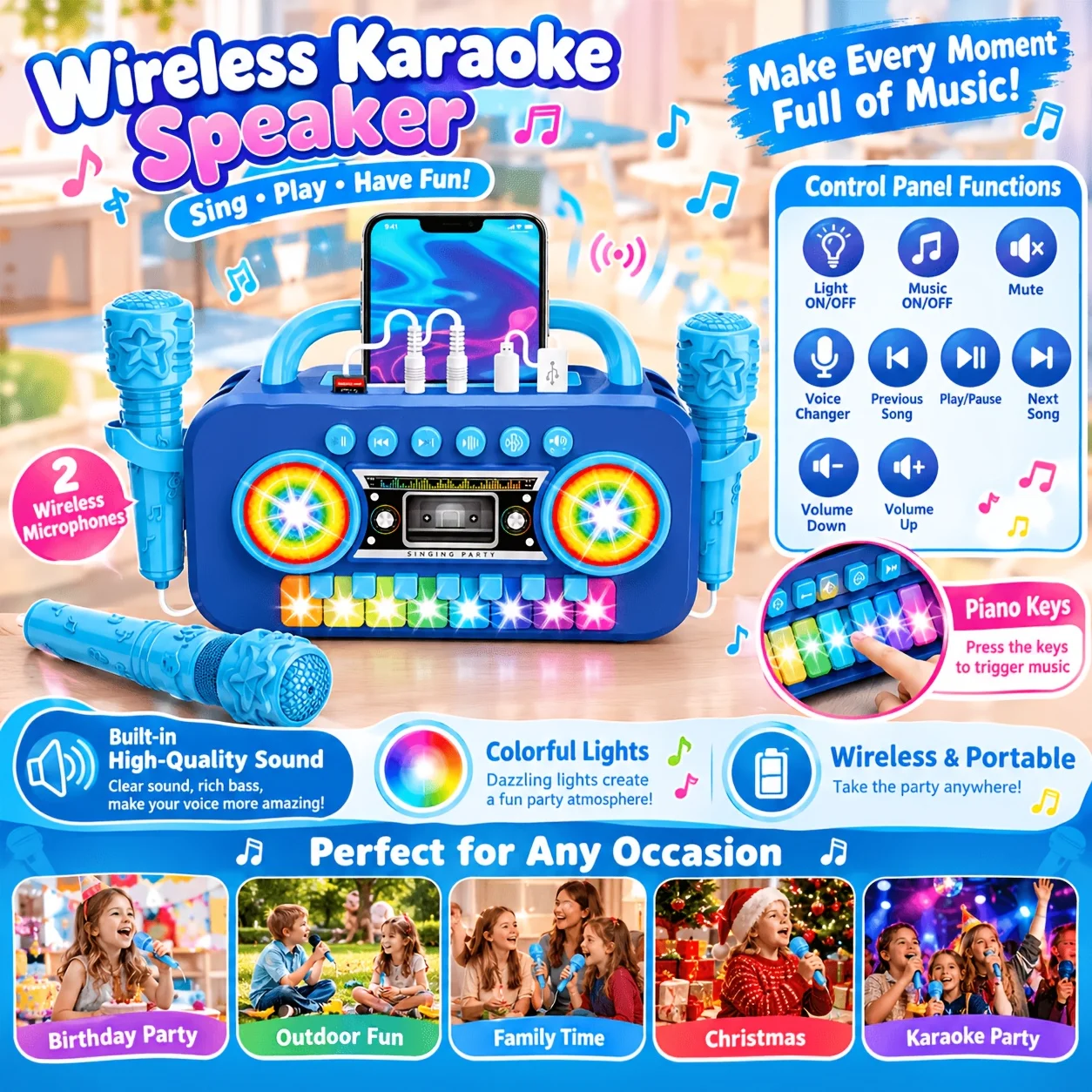 2 Microphone Plastic Kids Karaoke Speaker with USB Cable, Random Color LED Piano Toy Christmas Birthday Gift for Home Party