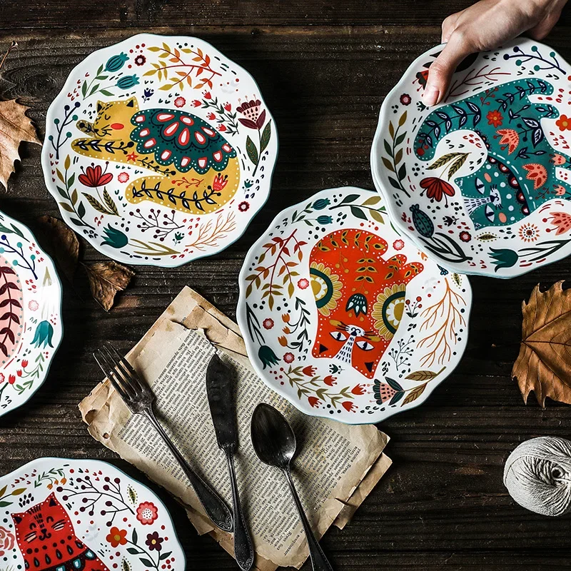 8 -inch Cartoon Ceramic Plate Circular Home Kitchen Supplies Suitable for Dessert/bread/fruit/snack/steak