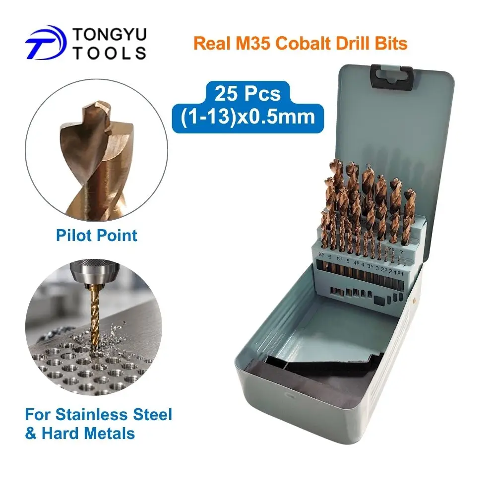 

Cobalt Drill Bit Set 25Pcs 1-13mm HSS Co5% Pilot Point Jobber Twist Bits for Stainless Steel Hard Metal No Walking