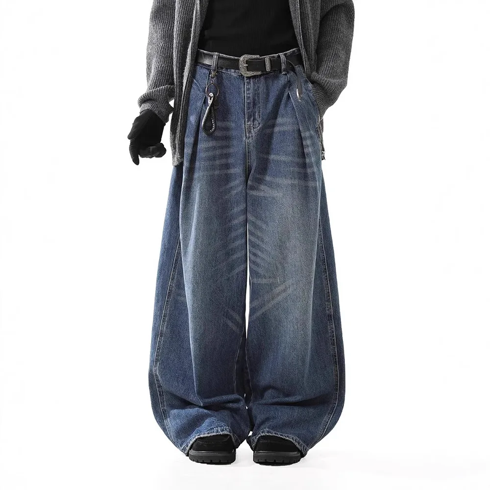 Firmranch Vintage Washed Deep Blue Baggy Jeans For Men Women Wide Leg Denim Pants Loose Moustache Effect Trouser Streetwear