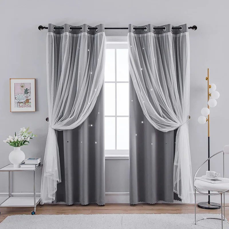 Hollow Star Double-Layer Shading Curtains Bedroom Living Room Soundproof Window Drapes Privacy & Light Filtering Grommet Curtain