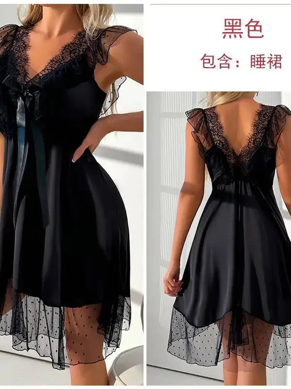 Pure Desire-Camisón de encaje de malla dulce, camisón Sexy de corte bajo con escote en V profundo, vestido con adornos de encaje de Color sólido de malla transparente, Casaul ED8Z