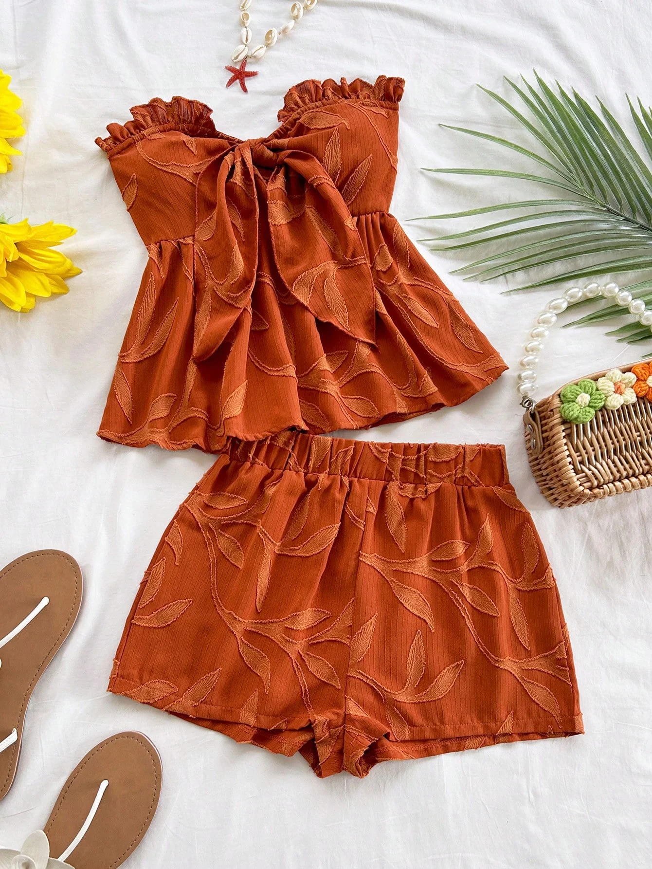 Women's 2-Piece Set Featuring an Orange-Red Printed Top and Casual Shorts, Perfect for Daily Wear, Vacations, Holidays, and Date