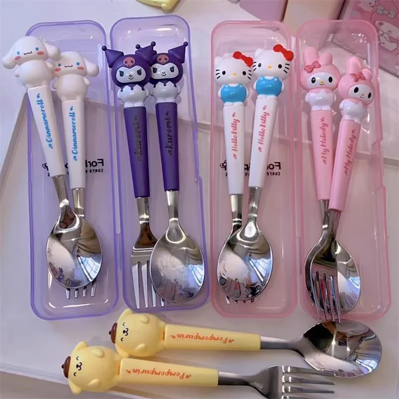 Sanrio-cucharilla de acero inoxidable con diseño de Hello Kitty para niños, cucharilla y tenedor con diseño de Kuromi pompurin My Melody,