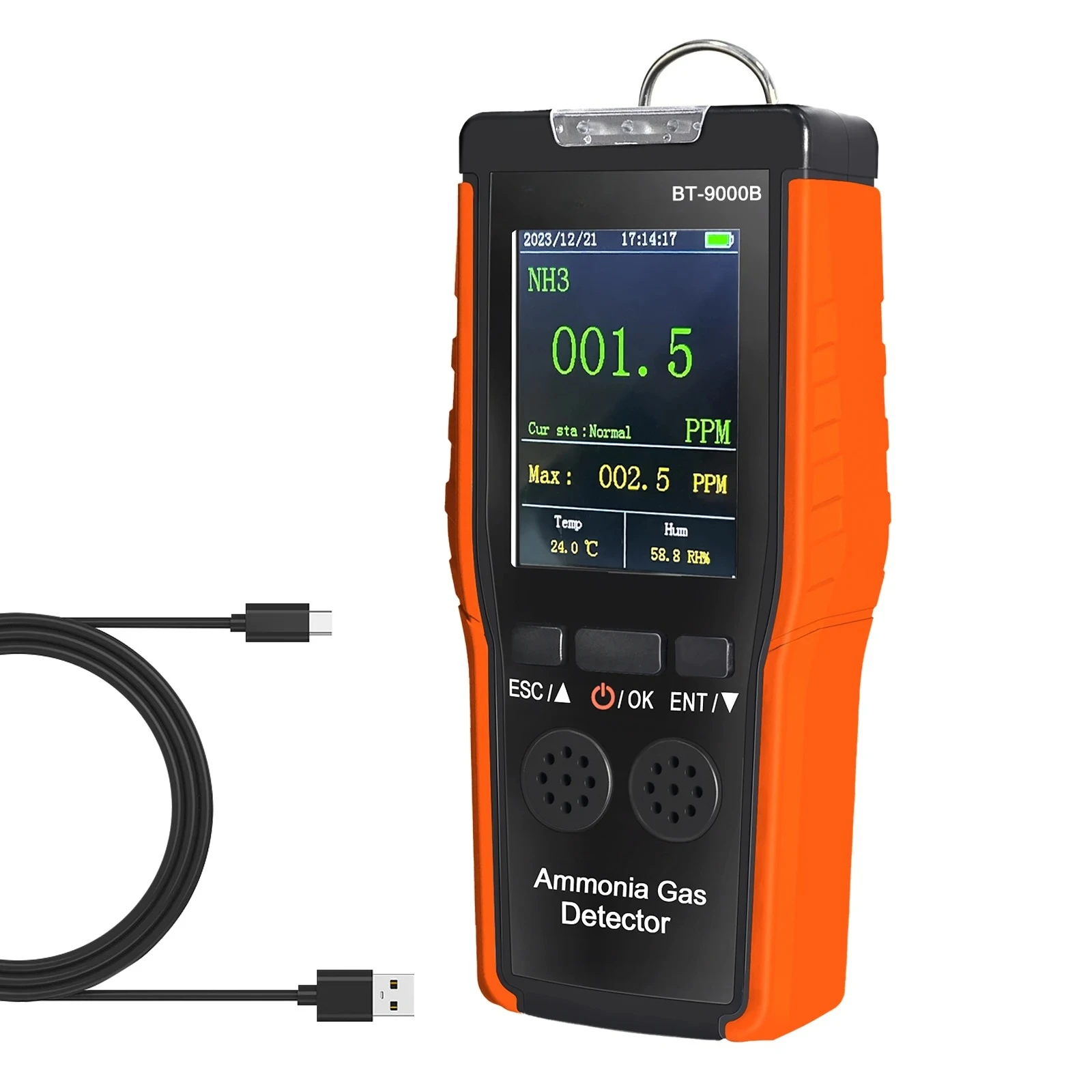 BT-9000B Gas Detector Rechargeable Ammonia 0-100ppm, NH3 Analyzer with LCD, Dual Alarm, Temp & Humidity Display