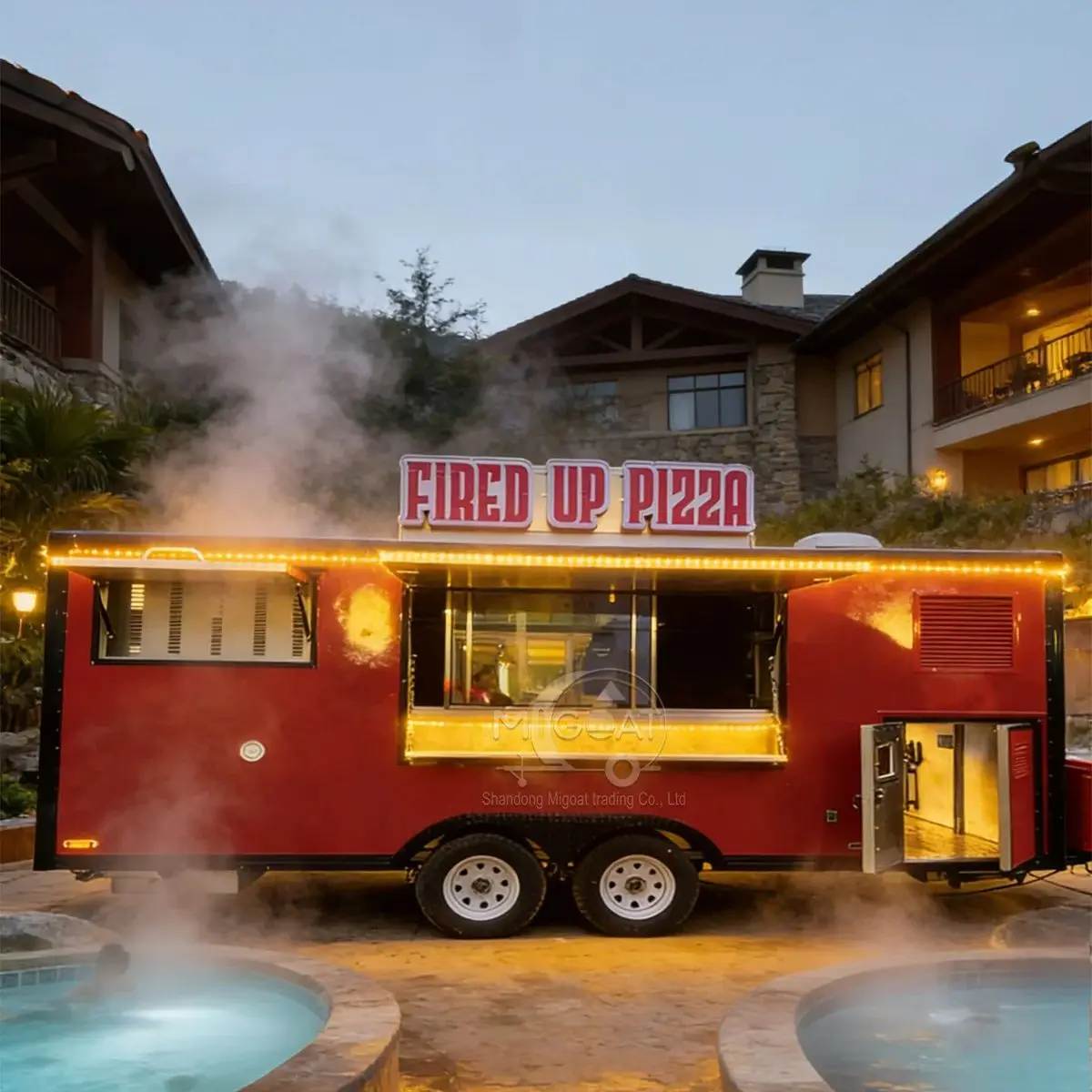 

Red Square Dual Axle Mobile Pizza Food Trailer Stainless Steel Interior Custom Signage for Street Food Catering