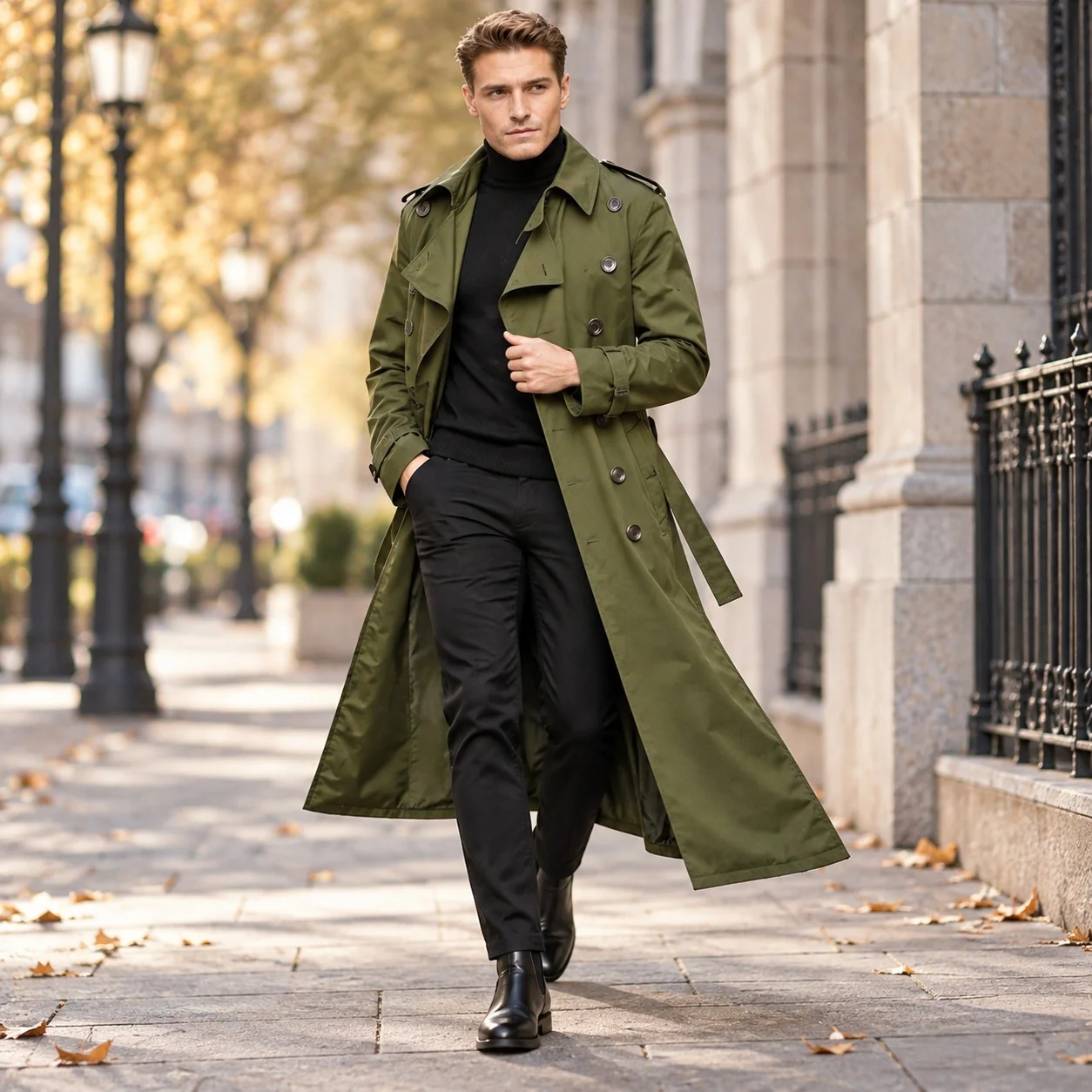 Pocket Loose Fit Belt Minimalist Notched Lapel Long Length Not Hooded with Belt Side Seam Pockets Long Trench Coat for Men