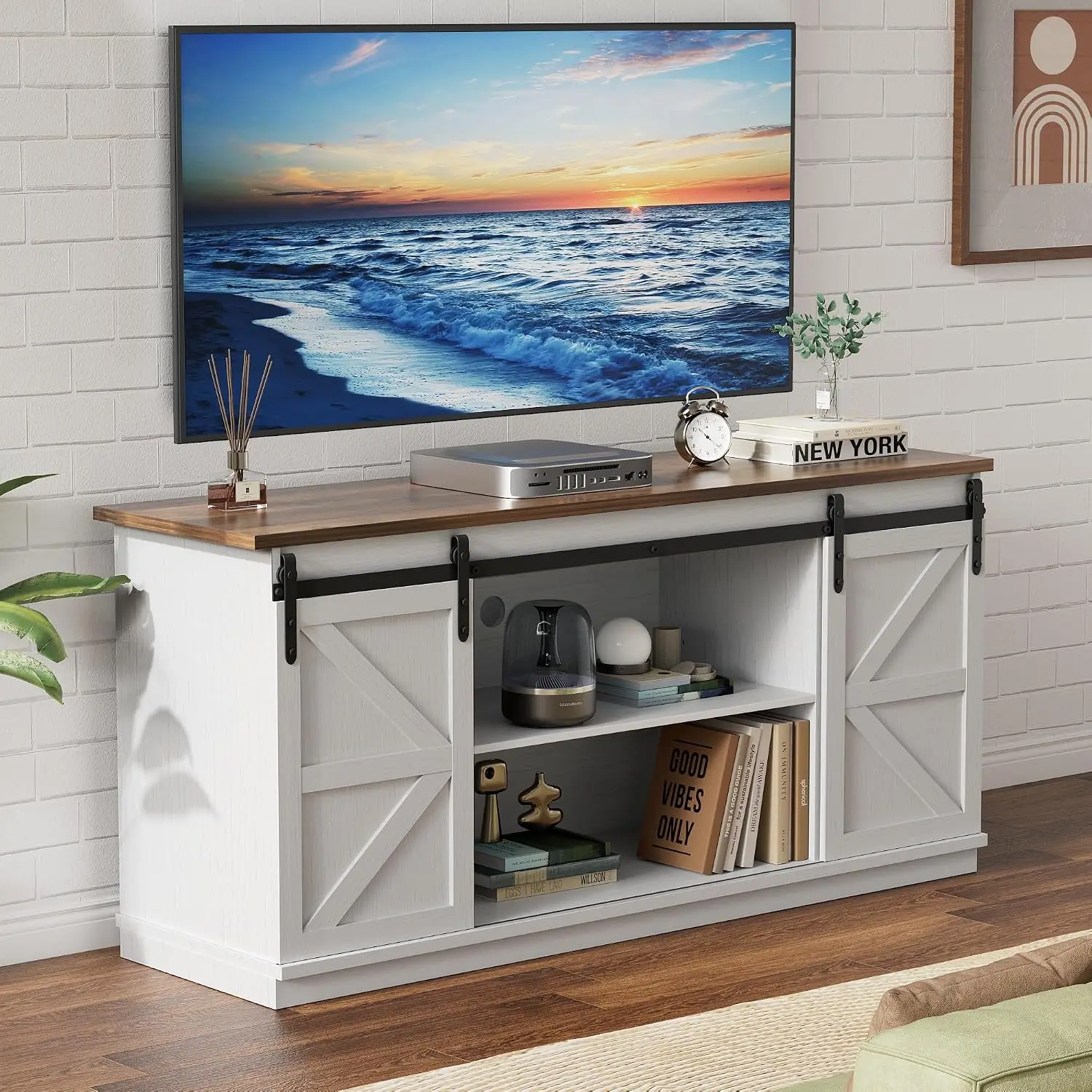 Modern Farmhouse TV Stand For 65 Inch TV, Sliding Barn Door Wooden Media Console Table With Storage Cabinets, Shelf Entertainment Center Furniture For Living Room Bedroom, White