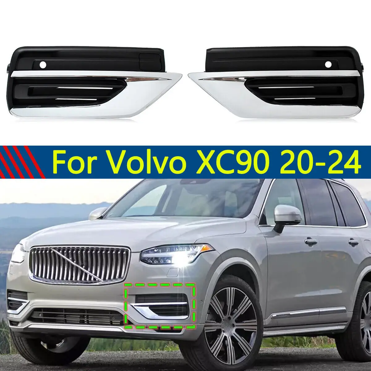 

Pair Front Bumper Fog Light Cover Grille Chrome Trim For Volvo XC90 2020 2021 2022 2023 31663514 31663515