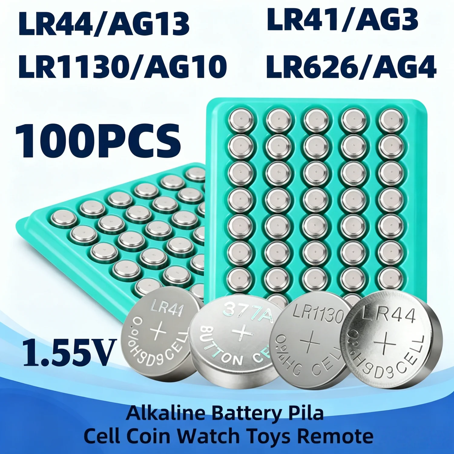 100 шт. 1.55V AG13 LR44 Батарейки-таблетки AG10 AG4 AG3 LR1130 LR41 377 LR626, щелочные батарейки для часов, игрушек, пультов ДУ