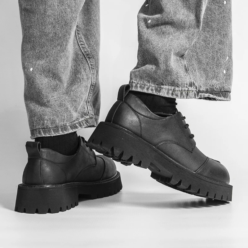 Men Thick-soled High-heeled Shoes with Large Toes Black Color British Casual Comfortable Anti-slip Business Fashion Derby Shoes
