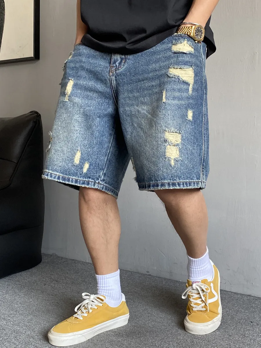 Retro American Distressed Denim Shorts for Men Summer New Straight Loose High Street Casual Five-Point Trendy Jeans
