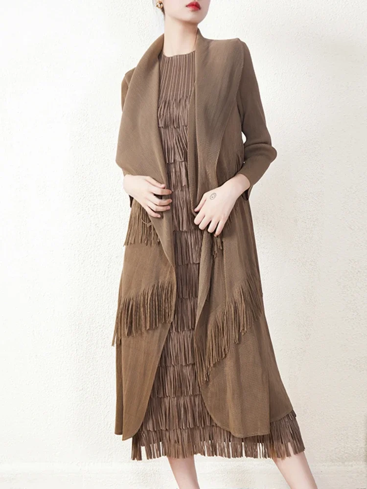 

Miyake Pleated Tassels Long Trench 2023 Autumn and Winter New High-end Fashion Loose Age Reducing Medium and Long Coat Women