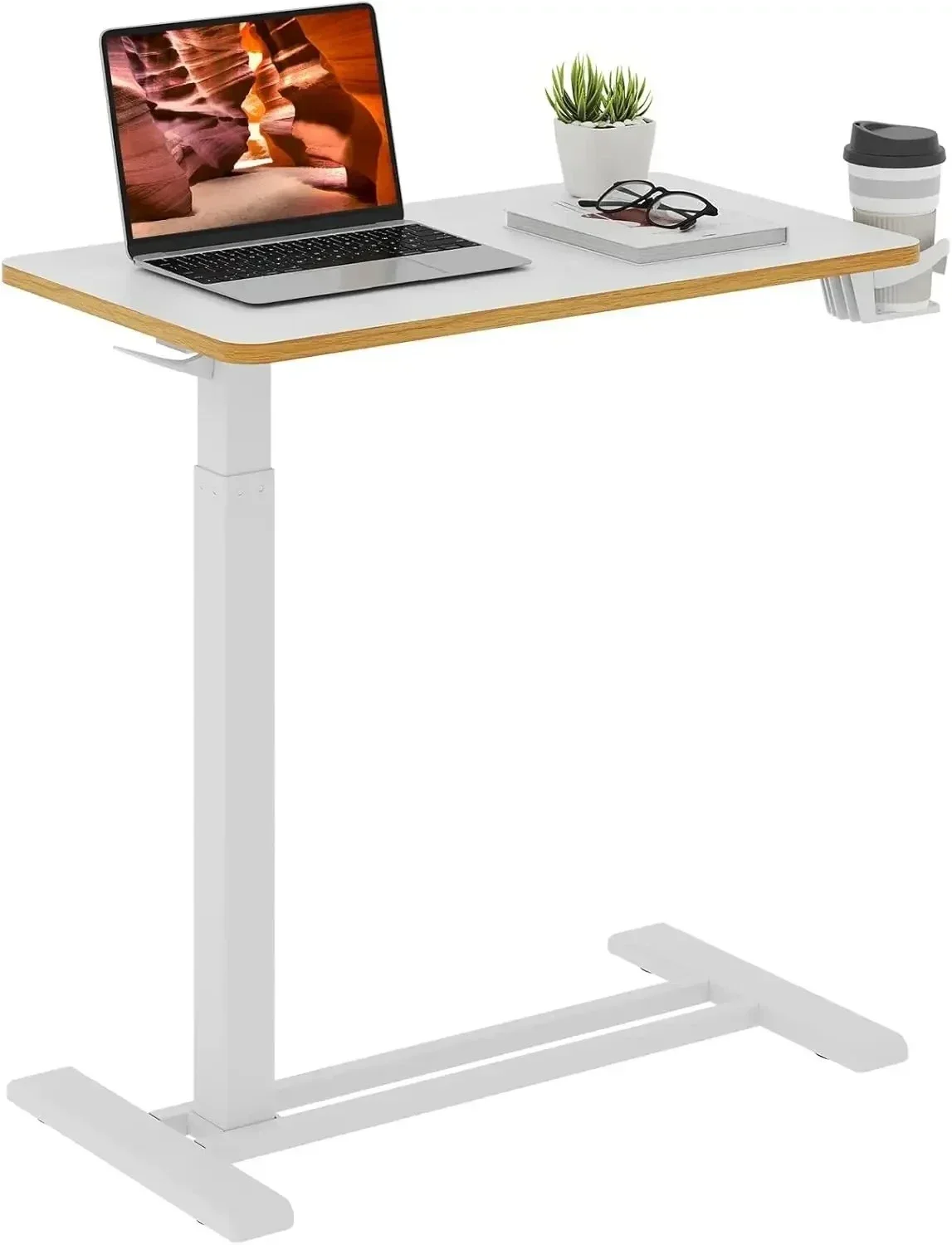 

Medical Overbed Adjustable Bedside Table with Hidden Casters, Pneumatic Mobile Rolling Laptop Standing Desk