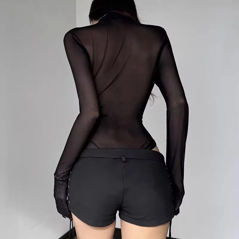 Sexy Butterfly Print Mesh See-Through Long-Sleeved Jumpsuit T-Shirt Versatile Tight-Fitting Base Top for Women