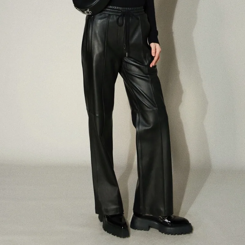 Genuine Leather Pants for Commuting with Elastic Waist Drawstring Long Sheepskin Wide Leg Pants