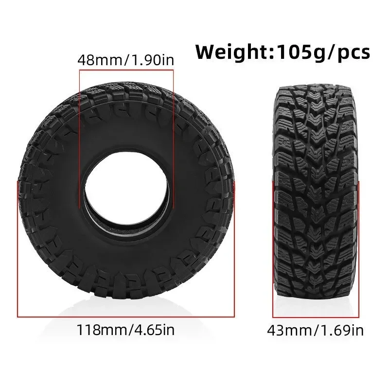 

Комплект из 4 мягких резиновых шин 118 мм (1.9 дюйма) для радиоуправляемых краулеров 1/10: Axial SCX10 II III, Capra, Trxs, TRX4, RC4WD, D90, Redcat, MST
