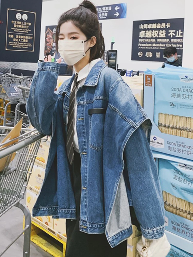 LANMREM Designer Denim Jacket Coat For Women Lapel Single Breasted Coats Spliced Pocket Casual Female Clothing 2024 New 2YA2920