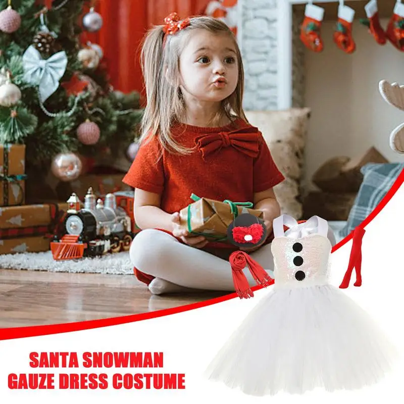 Snowman Tutu Dress For Girls Fancy Dress Up Gauze Tutu Dress Beautiful Girls Cute Christmas Dress Set White Gauze Stage Costume