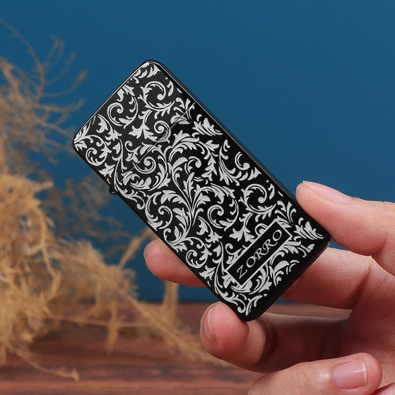 ZORRO-Ultra-thin Brass Kerosenei Lighter for Boys and Girls, Ultra-thin, Black Ice, Creative Personality, Portable Lighter